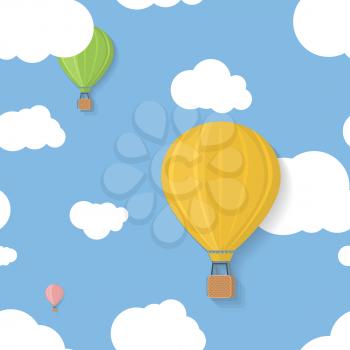 Three coloured aerostats in blue skies with clouds flat seamless pattern