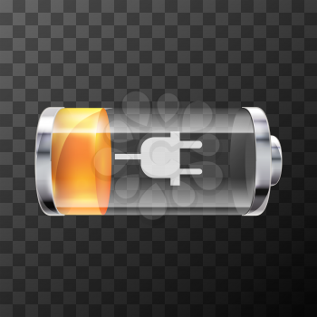Twenty Five percent bright glossy battery icon with charging symbol on transparent background