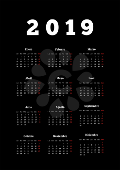 2019 year simple calendar in spanish on dark background, a4 vertical sheet