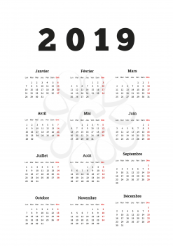 2019 year simple calendar on french language, a4 vertical sheet on white