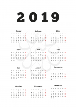 2019 year simple calendar on german language, a4 vertical sheet on white