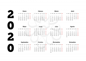 2020 year simple calendar in spanish on white