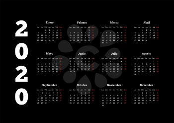 2020 year simple calendar in spanish on black