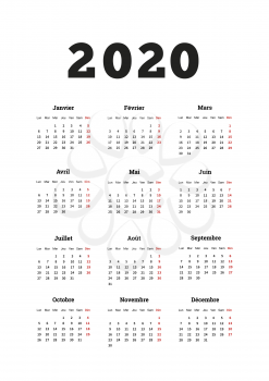 2020 year simple calendar on french language, A4 size vertical sheet on white