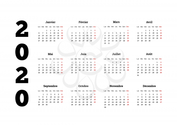 2020 year simple calendar on french language on white