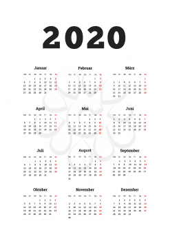 2020 year simple calendar on german language, A4 size vertical sheet on white