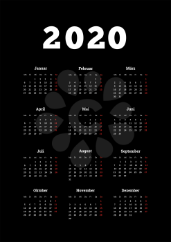 2020 year simple calendar on german language, A4 size vertical sheet on black