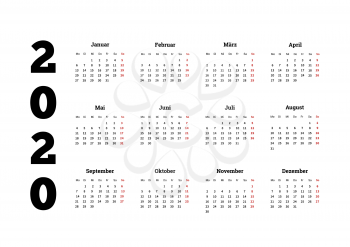 2020 year simple calendar on german language on white