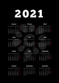2021 year simple calendar on french language, A4 size vertical sheet on black