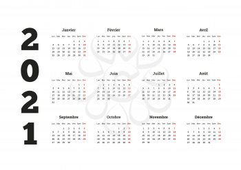 2021 year simple calendar on french language on white