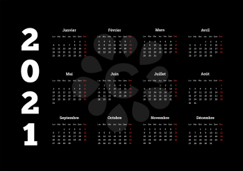 2021 year simple calendar on french language on black