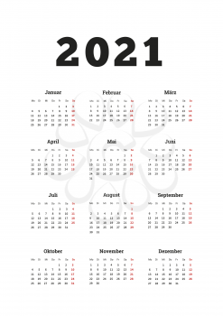 2021 year simple calendar on german language, A4 size vertical sheet on white