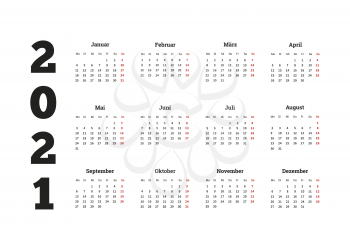 2021 year simple calendar on german language on white