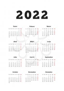 2022 year simple calendar in spanish, A4 size vertical sheet on white