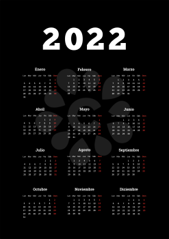 2022 year simple calendar in spanish, A4 size vertical sheet on black