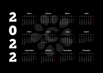 2022 year simple calendar in spanish on black