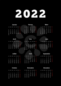 2022 year simple calendar on french language, A4 size vertical sheet on black