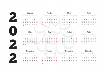 2022 year simple calendar on french language on white