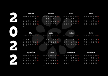 2022 year simple calendar on french language on black