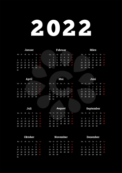 2022 year simple calendar on german language, A4 size vertical sheet on black