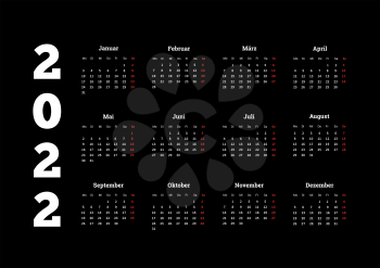 2022 year simple calendar on german language on black