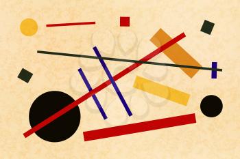 Abstract suprematism composition, horizontal flat illustration on old canvas with texture