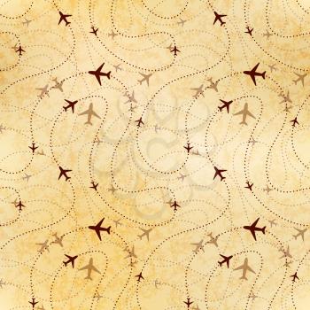 Airline routes, map on old textured paper, seamless pattern