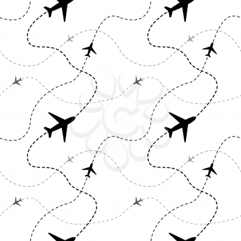 Airline routes with planes on white background seamless pattern