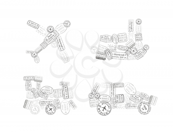 A lot of black immigration stamps arranged in car, plane, ship and train shape isolated on white