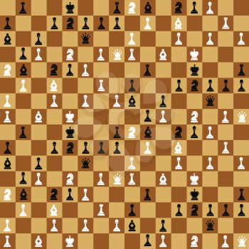 A lot of chess icons on chessboard, seamless pattern