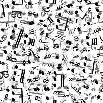 A lot of gray and black music signs and note on white background, seamless pattern
