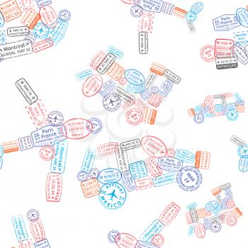 A lot of immigration stamps arranged in car, plane, ship and train shape on white, seamless pattern