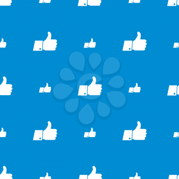 A lot of thumbs up white icons on blue, seamless pattern