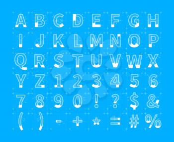 Architectural sketches of latin letters. Blueprint style font on blue