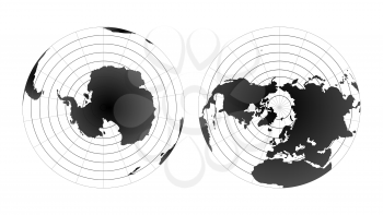 Arctic and antarctic poles globe hemispheres. World map view from space on white