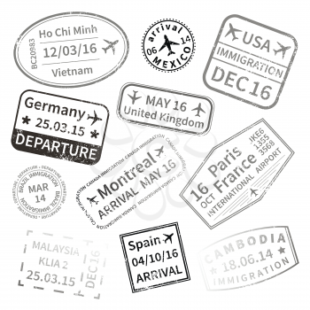 Big set of black International travel visa stamps isolated on white. Arrivals sign rubber stamps.