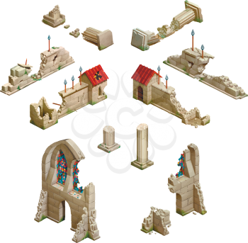 Big set of medieval buildings, isometric game art isolated on white