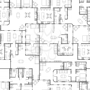 Black and white house floor plan with interior details, seamless pattern on white