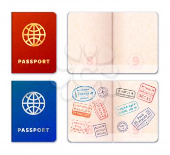 Blue and red realistic passport icons and open with stamp imprints isolated on white