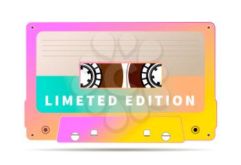 Bright audio cassette with magnetic tape, vintage object isolated on white