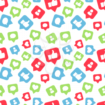 Bright colorful icons of social networks, likes friends and comments piktogram on white, seamless pattern