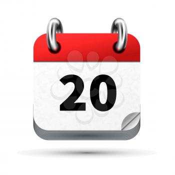 Bright realistic icon of calendar with 20th date on white