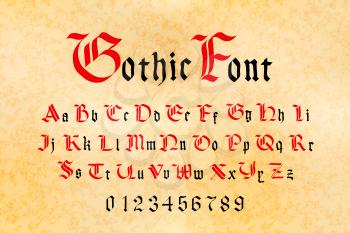 Bright red and black gothic font, set of medieval letters and numbers on old paper