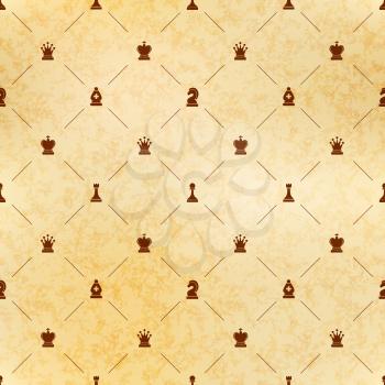 Brown chess icons on old paper with texture, royal luxury seamless pattern