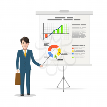 Businessman standing near whiteboard and pointing on the chart of finance analytics, flat illustration isolated on white