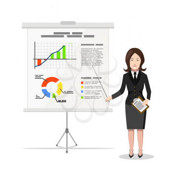 Business Woman standing near whiteboard and pointing on the chart of finance analytics, flat illustration isolated on white