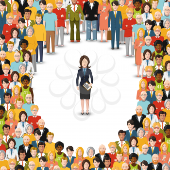 Businesswoman stayed apart from crowd, conceptual flat illustration on white