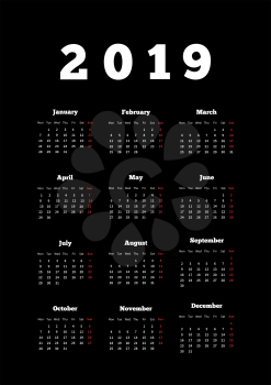 Calendar on 2019 year with week starting from monday on dark background, A4 vertical sheet
