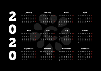 Calendar on 2020 year with week starting from monday, A4 sheet on black