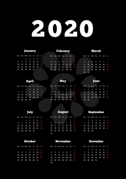 Calendar on 2020 year with week starting from monday, A4 size vertical sheet on black
